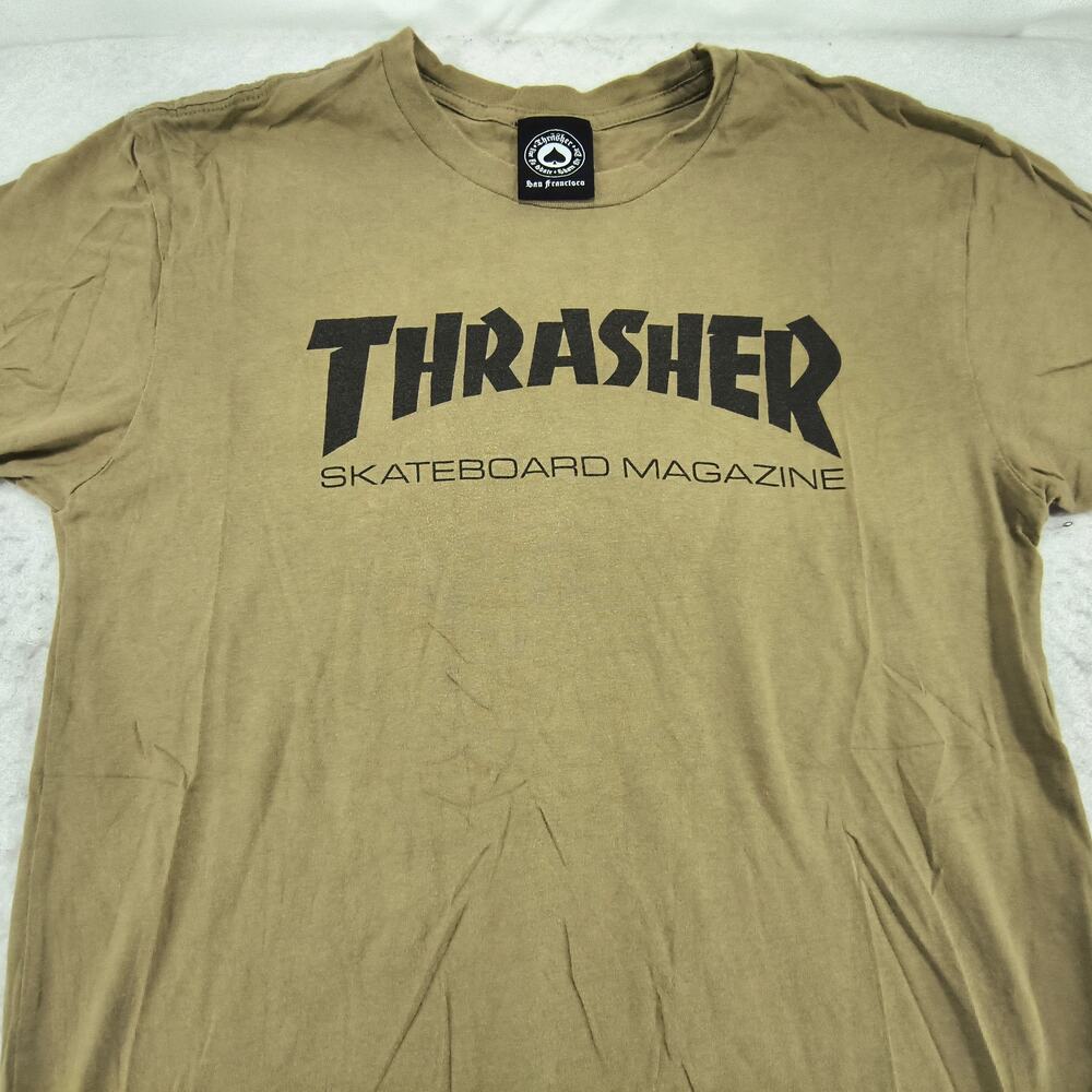 Thrasher Magazine Casual Crew Neck Graphic T Shirt Mens Size S Olive Green